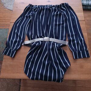 Ladies Forever 21 navy/white striped dress w vintage silver tone adjustable belt